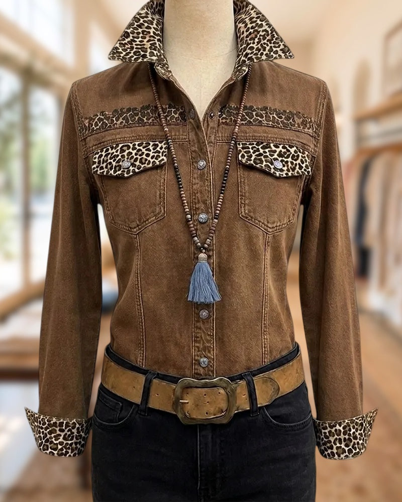 Leopard Contrast Collar Pocket Shirt