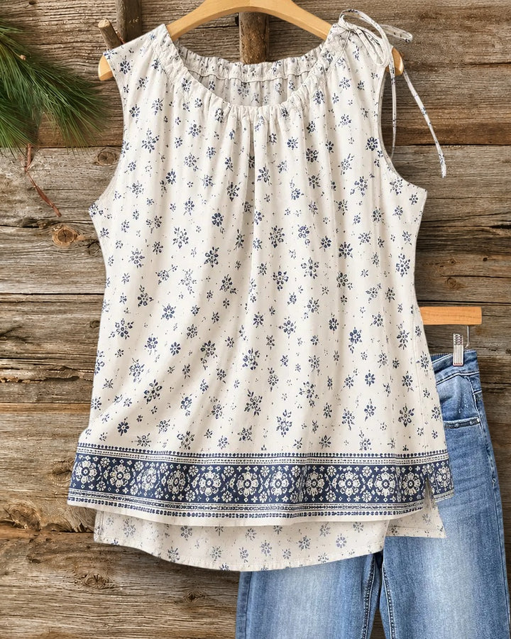 Tie Detail Round Neck Floral Print Sleeveless Tank Top