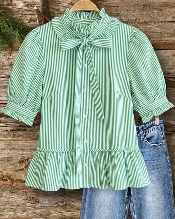 Striped Bow Tie Ruffle Trim Puff Sleeve Peplum Blouse
