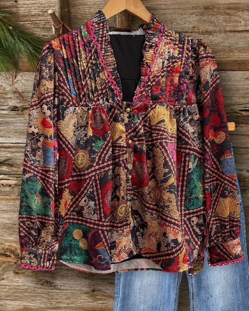 Mixed Print Smart Button Up Circle Trim Blouse