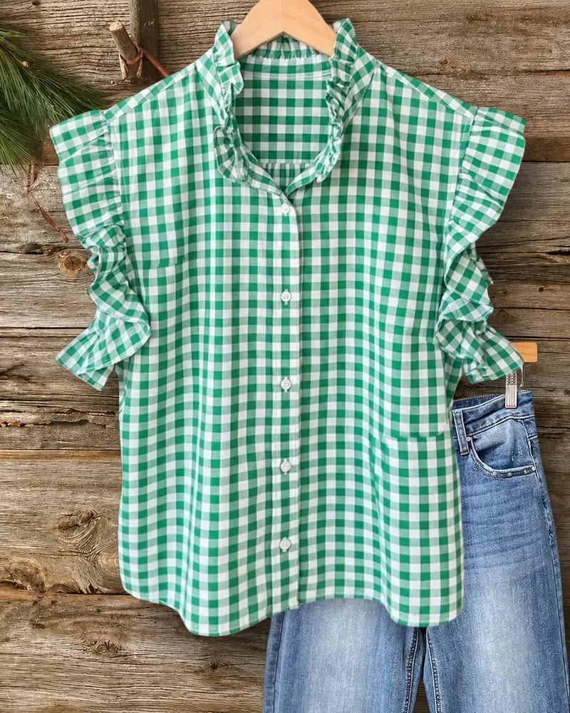 Stand Collar Gingham Button Front Ruffle Sleeve Blouse