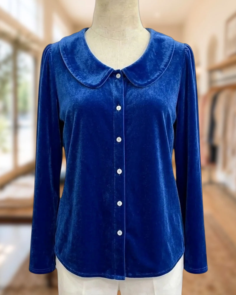 Peter Pan Collar Button Front Long Sleeve Elegant Velvet Blouse