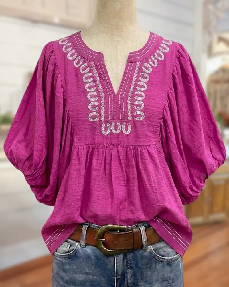Embroidered V Neck Puff Sleeve Gathered Casual Loose Blouse