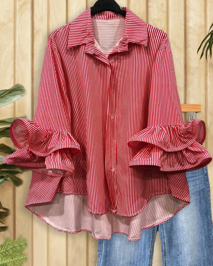 Striped Ruffle Sleeve Button Down On-trend Blouse