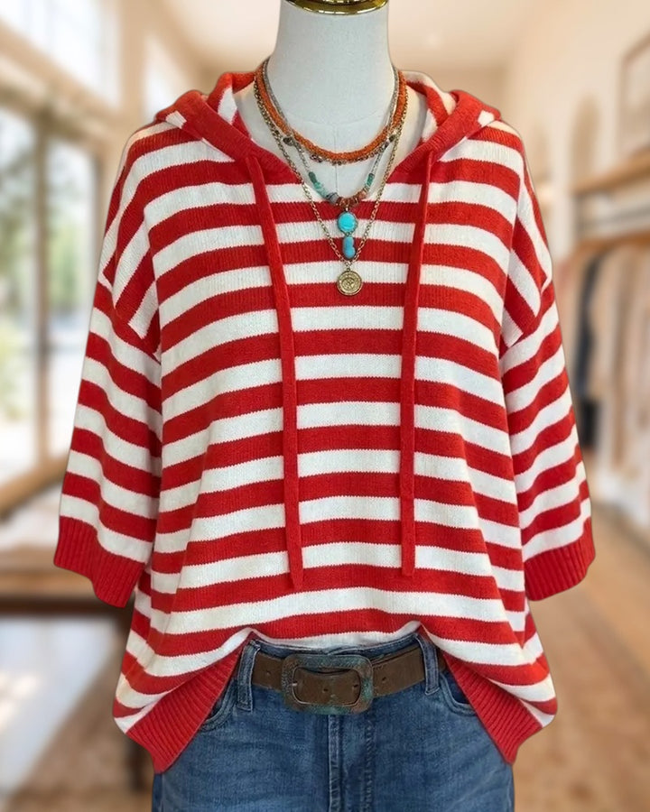 Striped Knit Drawstring Hood 3/4 Sleeve Loose Casual Pullover