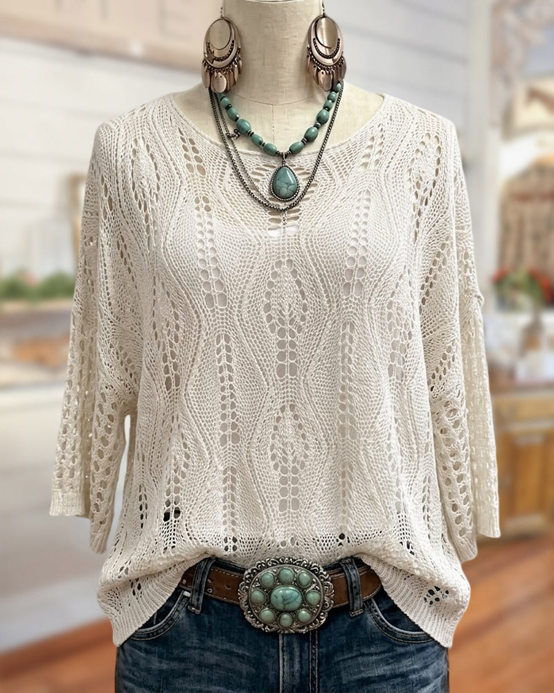 Openwork Crochet 3/4 Sleeve O-Neck Loose Casual Knit Top
