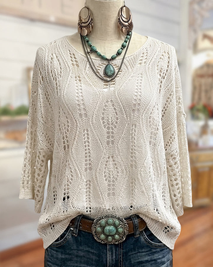 Openwork Crochet 3/4 Sleeve O-Neck Loose Casual Knit Top