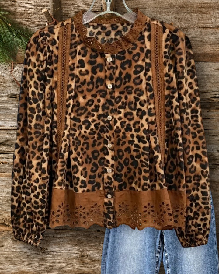 Leopard Print Lace Trim Button Front Long Sleeve Blouse
