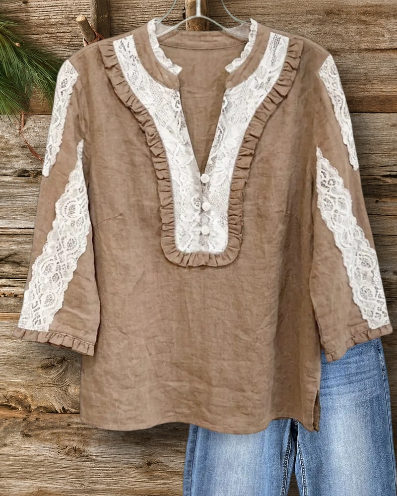 Lace Trim Ruffle Detail V Neck 3/4 Sleeve Blouse
