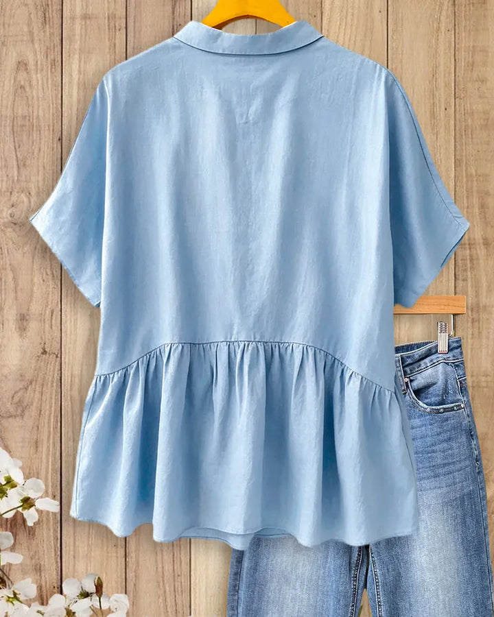 Collared Button Front Short Sleeve Ruffled Peplum Casual Blouse