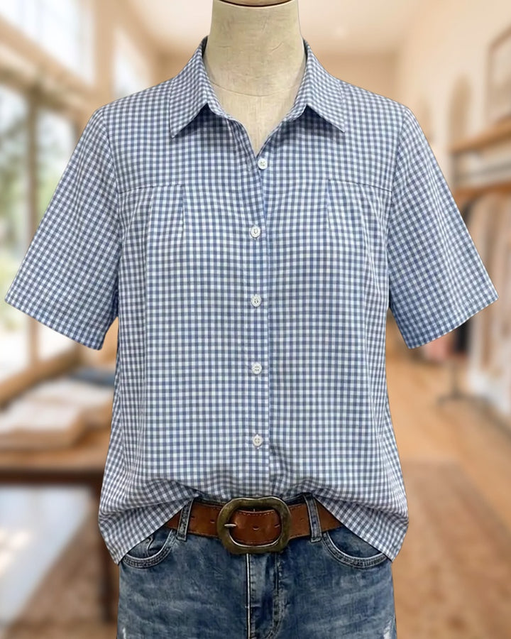 Gingham Chest Pleat Button Front Short Sleeve Collared Shirt