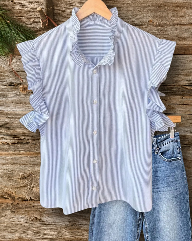Striped Ruffle Sleeve Stand Collar Button Front Casual Blouse
