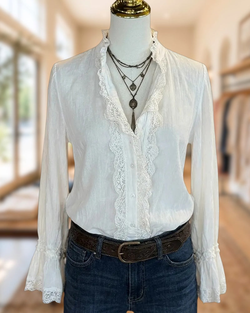 Lace Trim Ruffle V Neck Flare Sleeve Casual Blouse