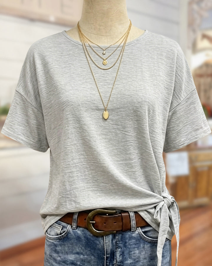 Round Neck Short Sleeve Side Tie Knot Casual T-shirt