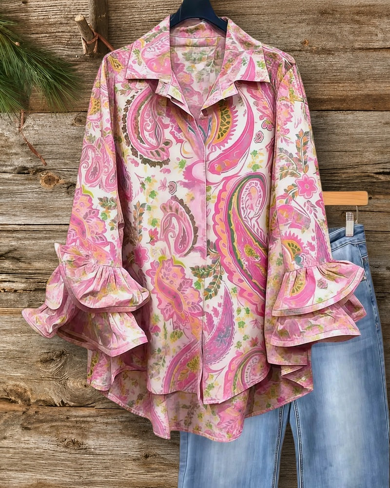 Paisley Print Bohemia Ruffle Sleeve Button Up Blouse