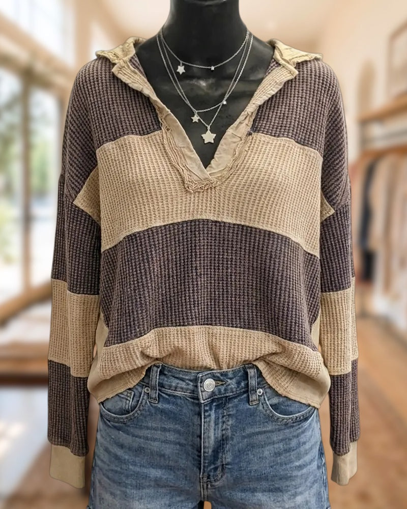 Waffle Knit Color Block V Neck Long Sleeve Cozy Top