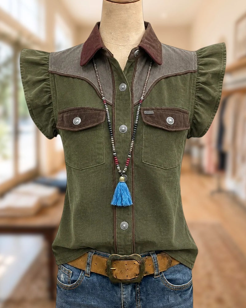 Contrast Panel Flutter Sleeve Button Up Flap Pocket Shirt