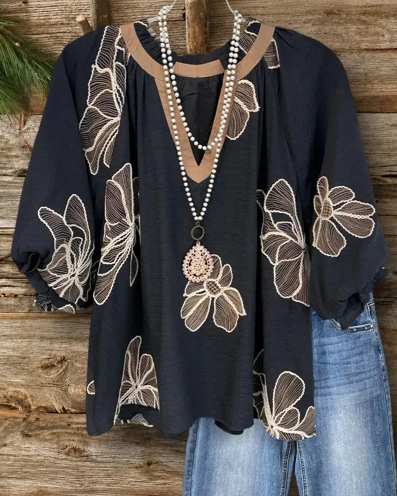 Floral Embroidered Puff Sleeve V Neck Loose Casual Blouse
