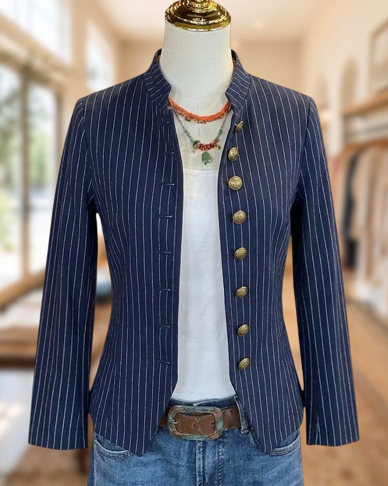 Striped Mandarin Collar Metal Button Slim Fit Tailored Blazer