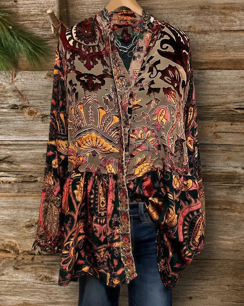 Floral Print Velvet Ethnic Button Down Blouse