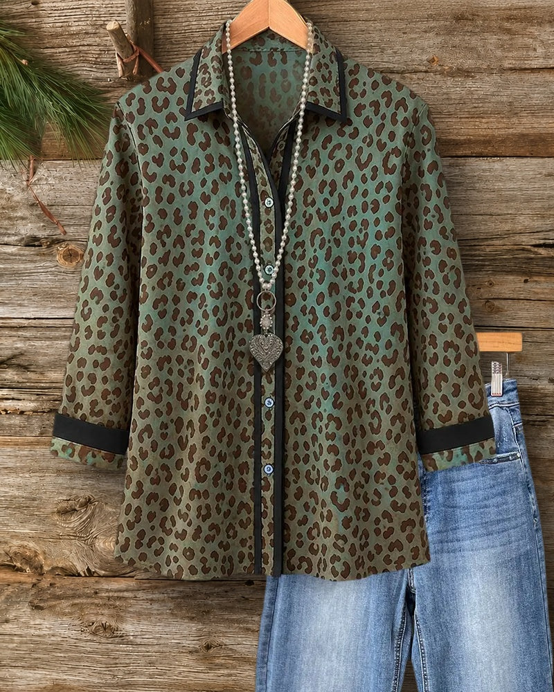 Leopard Print Contrast Trim Button Down 3/4 Sleeve Shirt