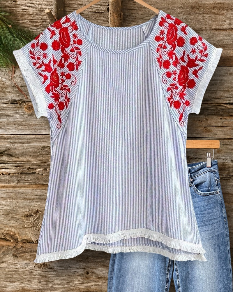 Striped Floral Embroidery Tassels Trim Short Sleeve Casual Blouse