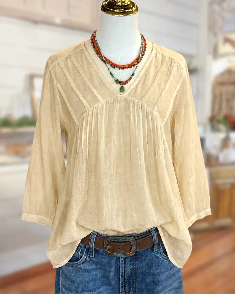 V Neck Pleated Gathered 3/4 Sleeve Loose Casual Blouse