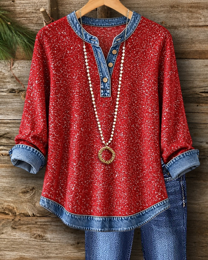 Denim Trim Henley Placket Roll Cuff Loose Casual Blouse