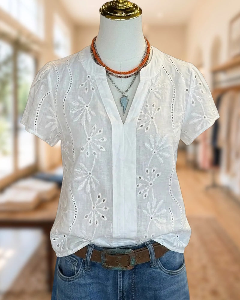 Eyelet Embroidered Split V Neck Short Sleeve Casual Blouse