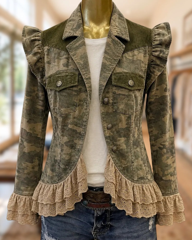 Camo Print Ruffled Hem Corduroy Accent Lapel Casual Jacket