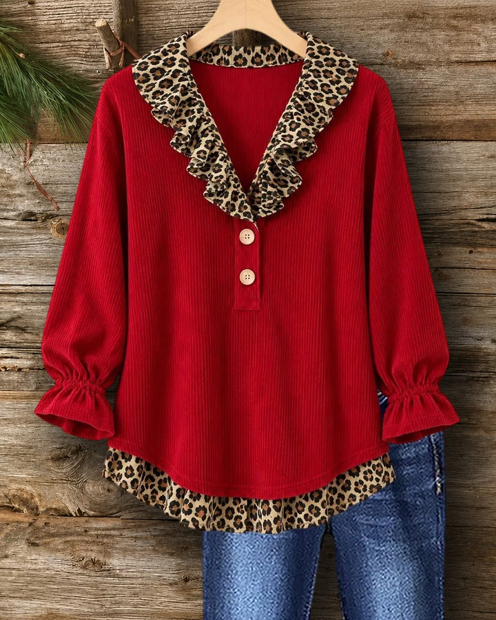 Leopard Trim Ruffled Neck Layered Hem Blouse