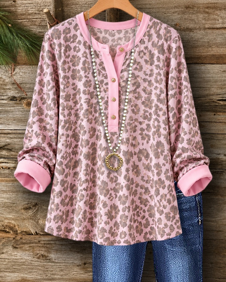 Leopard Print Henley Placket Long Sleeve Loose Casual Blouse