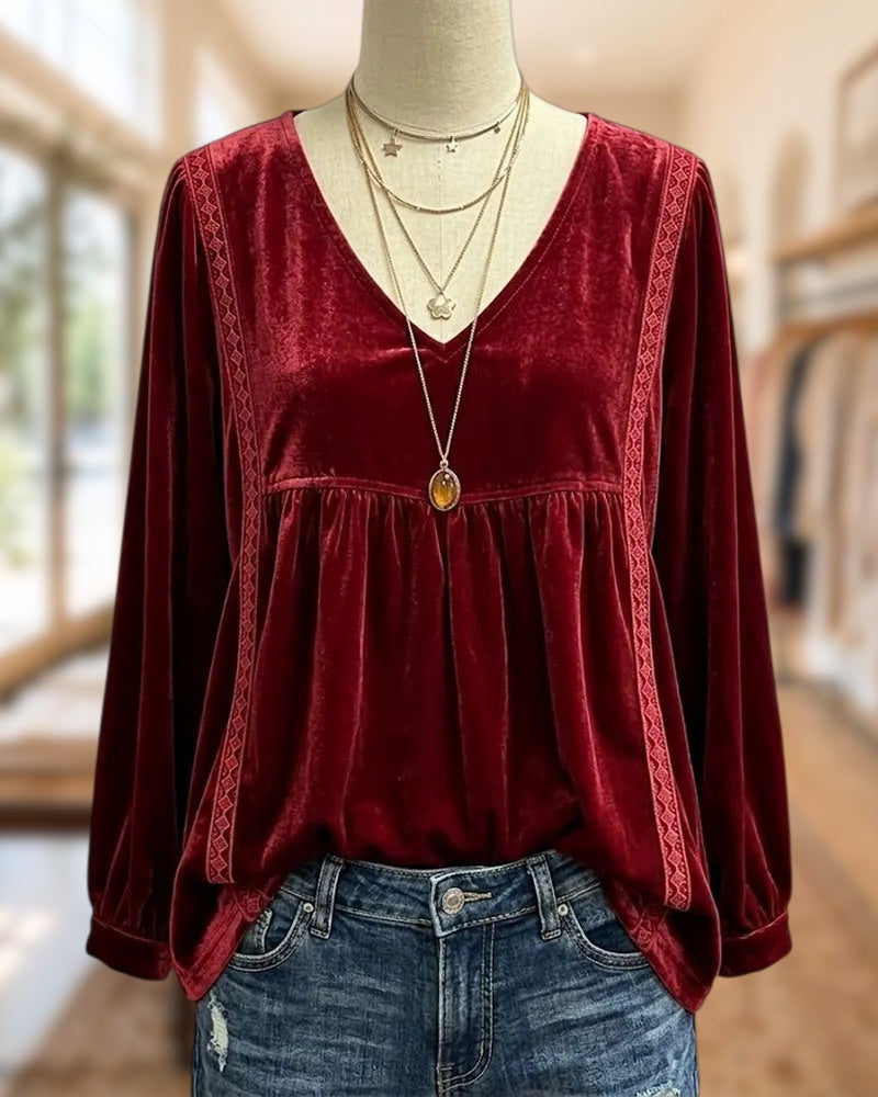 V Neck Lacy Trim Velvet Blouse
