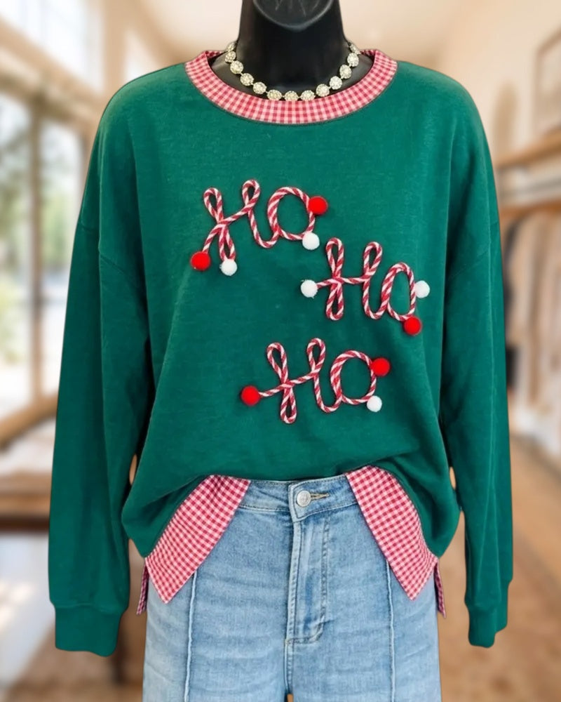 Split Hem Candy Cane Letter Pom Pom Gingham Trim Sweatshirt