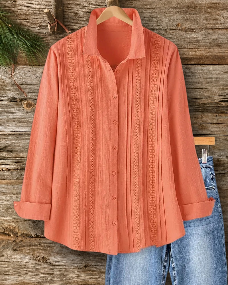 Collared Button Front Pleated Lace Detail Long Sleeve Shirt