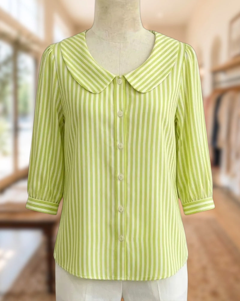 Striped Peter Pan Collar Button Front 3/4 Sleeve Cute Blouse