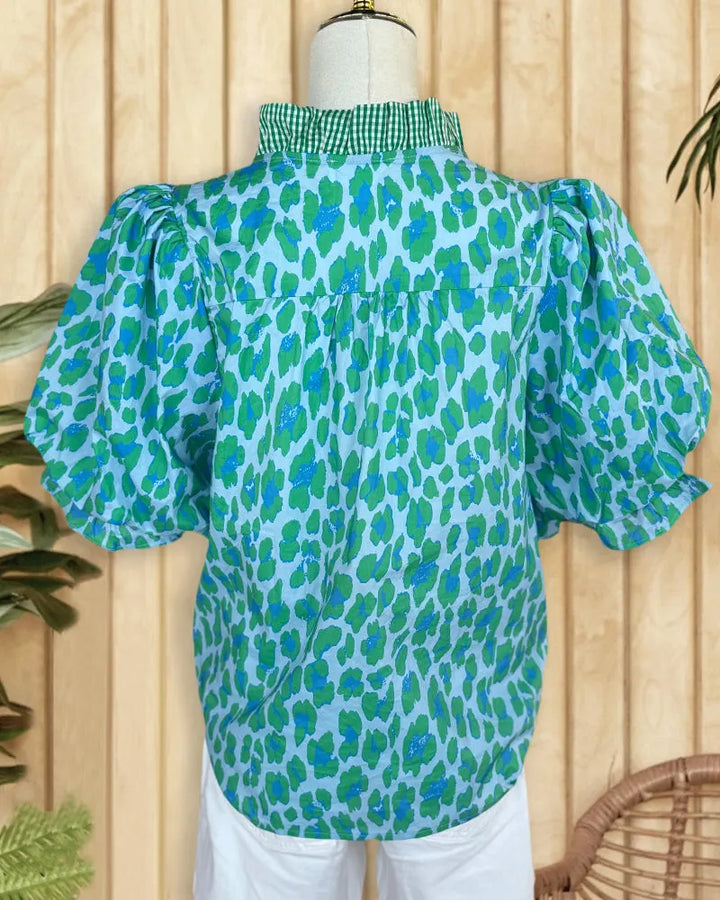Ruffled Collar Leopard Print Puff Sleeve Gingham Trim Blouse