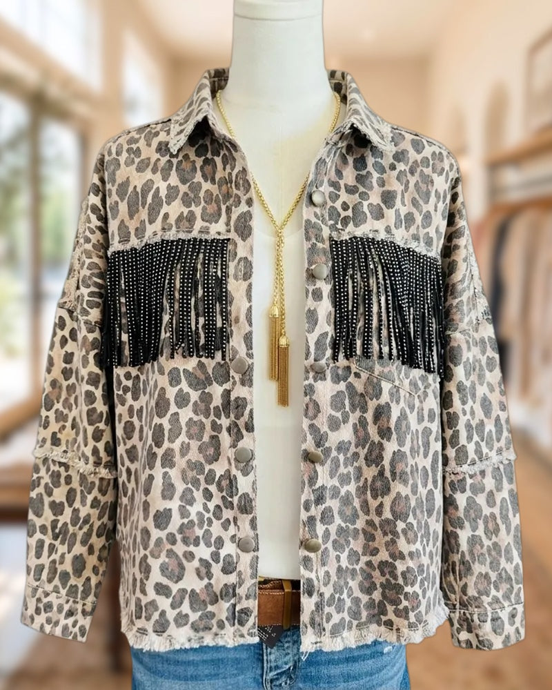 Leopard Print Fringe Detail Button Front Frayed Jacket