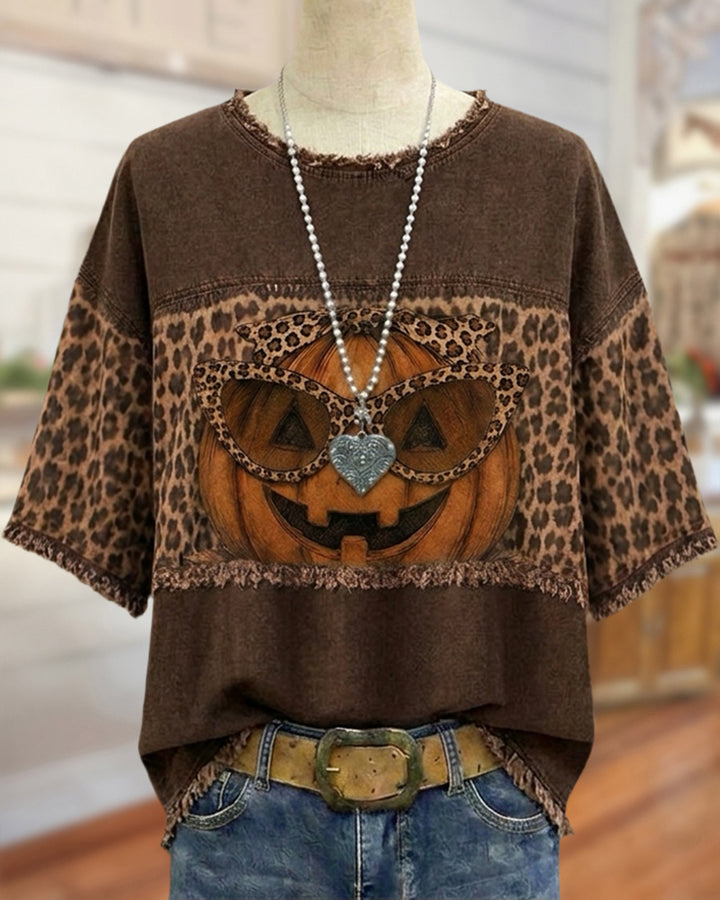 Round Neck Pumpkin Graphic Leopard Print Frayed Trim T-shirt