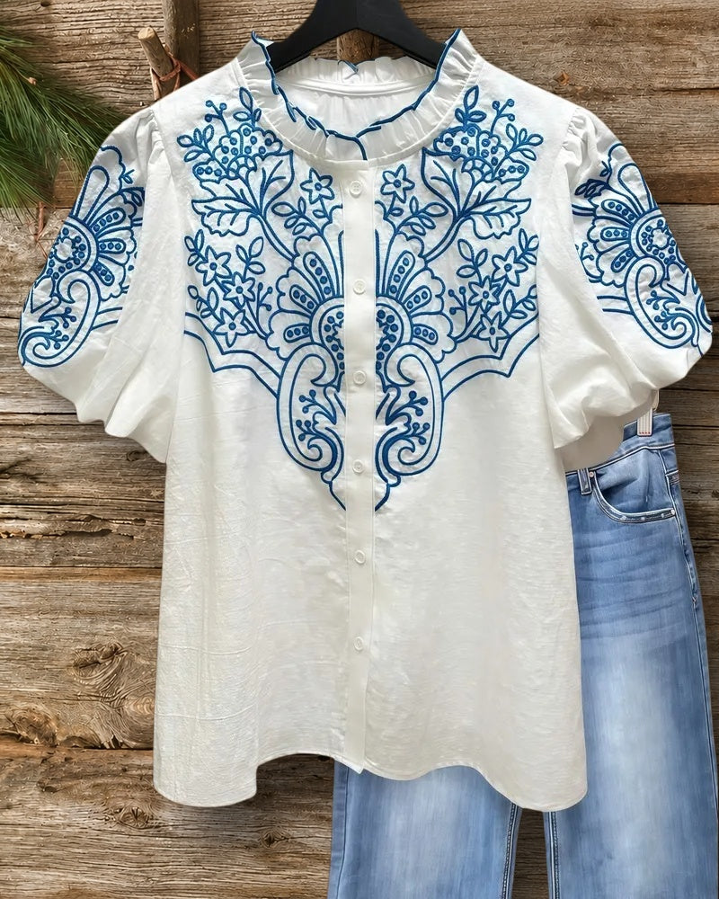Floral Embroidery Puff Sleeve Unique Blouse