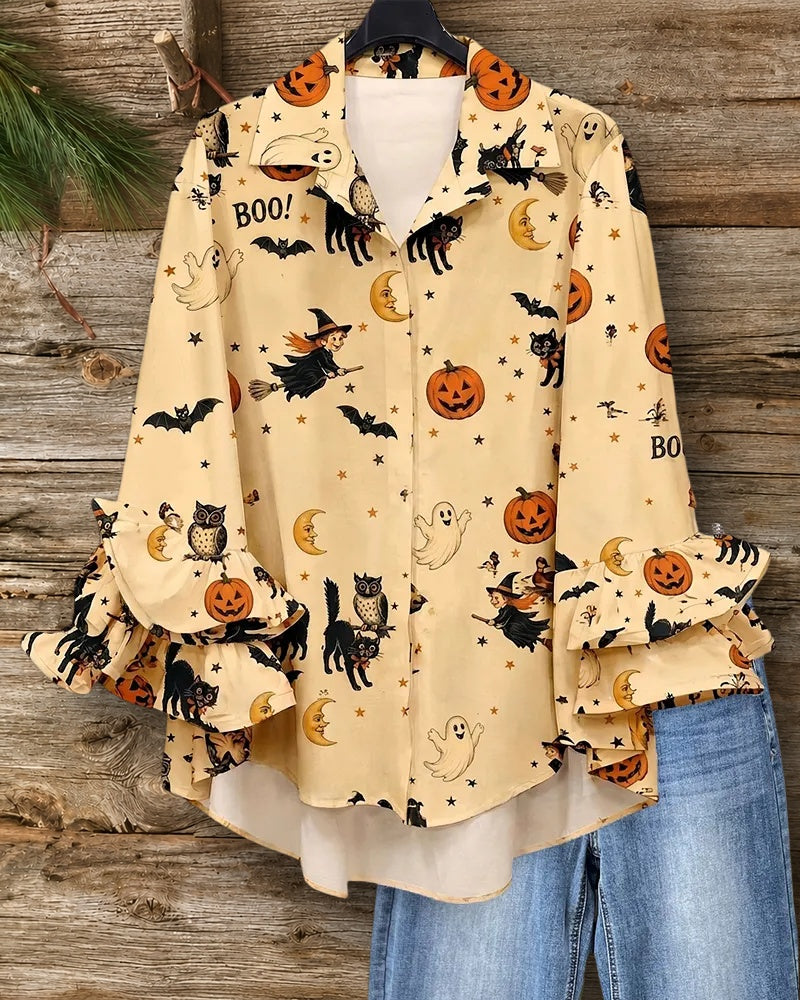Halloween Print Ruffle Sleeve Collared Cute High Low Blouse