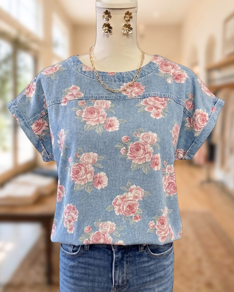 Floral Print Denim Round Neck Short Sleeve Loose Sweet Blouse