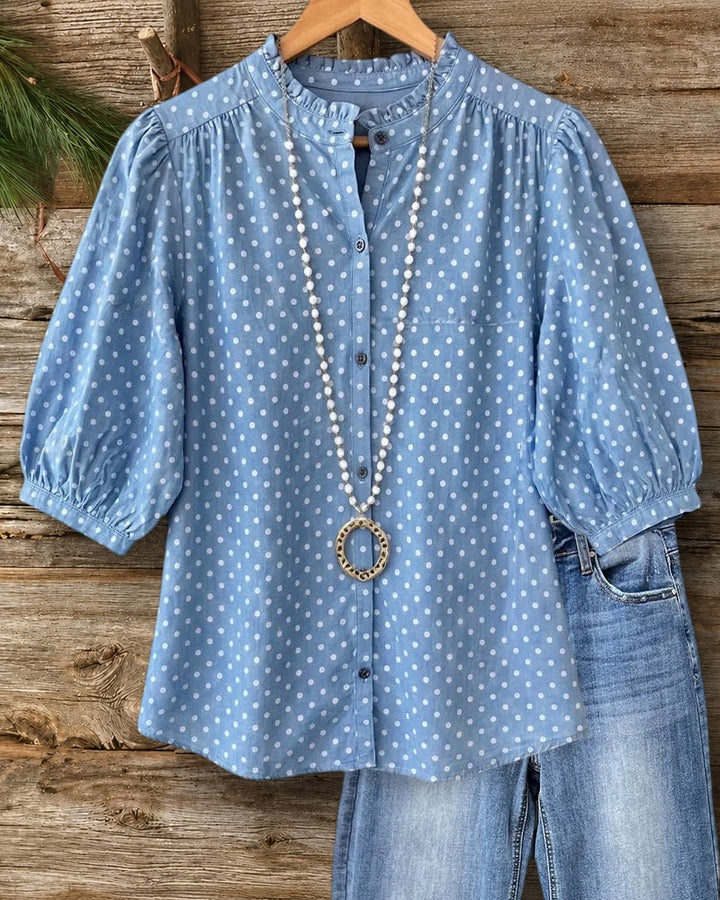 Polka Dot Puff Sleeve Button Blouse