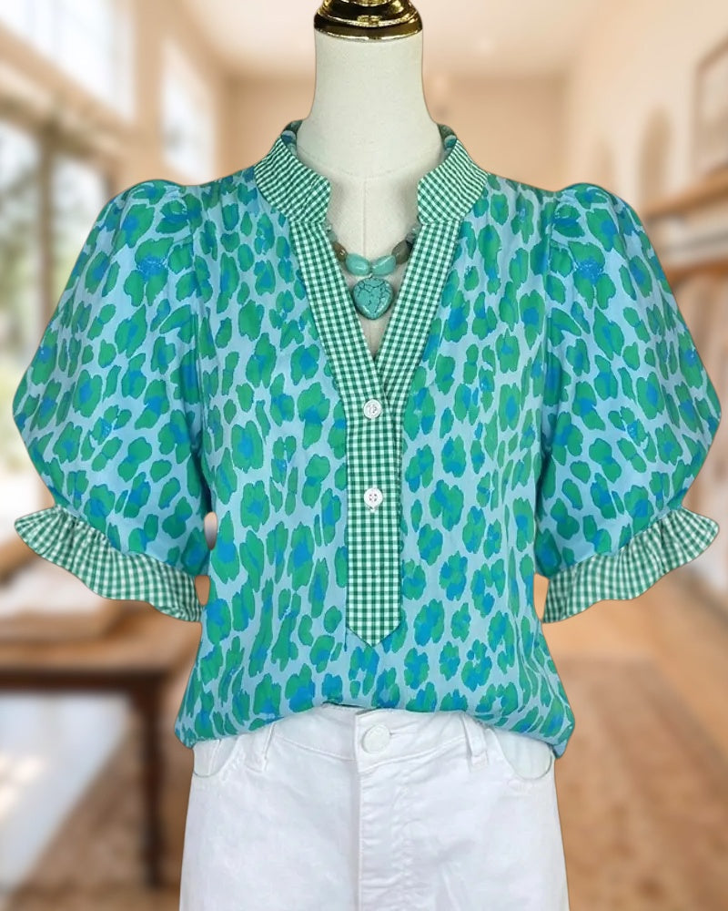 Puff Sleeve Gingham Trim Half Placket Ruffled Cuff Casual Blouse