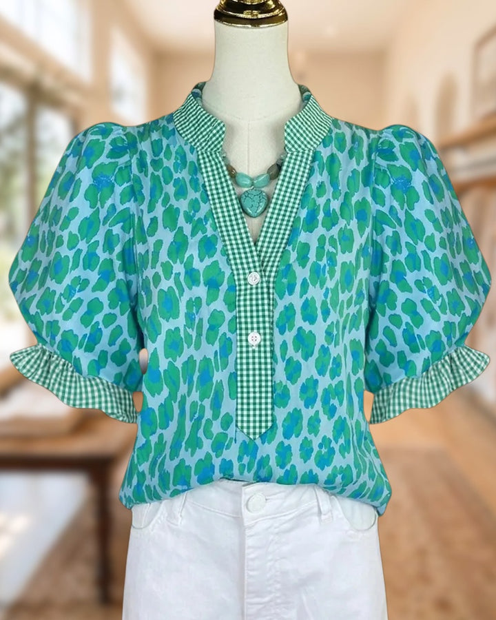 Puff Sleeve Gingham Trim Half Placket Ruffled Cuff Casual Blouse