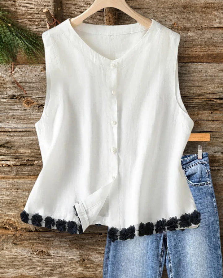 Sleeveless Button Front 3D Floral Trim Casual Tank Top