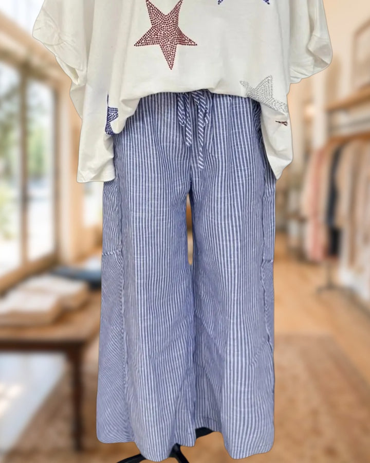 Drawstring Waist Striped Wide Leg Casual Pants