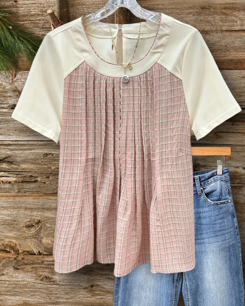 Round Neck Pleated Plaid Colorblock Short Sleeve Casual Blouse