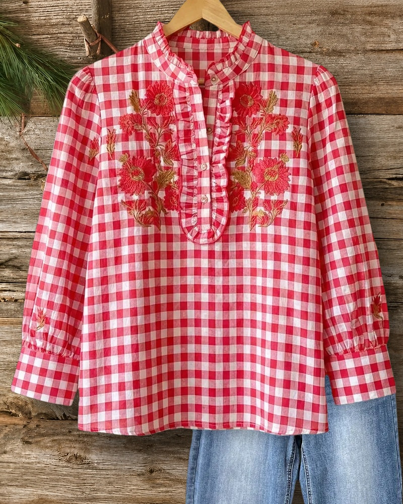 Gingham Floral Embroidery Ruffled Placket Long Sleeve Blouse