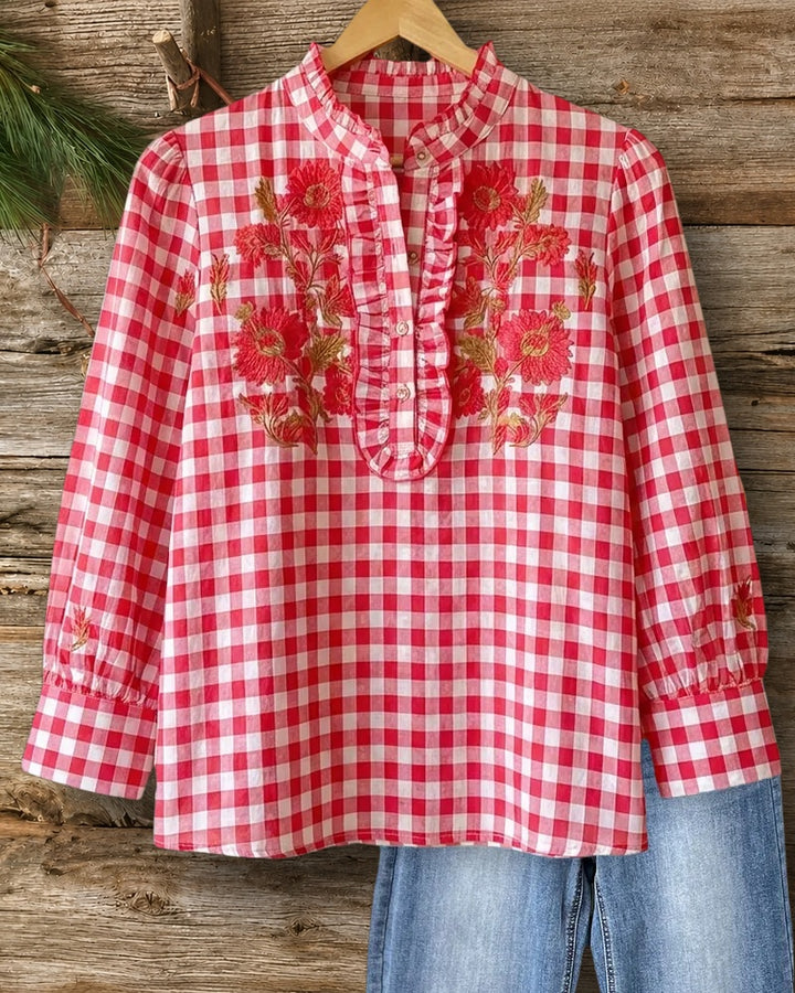 Gingham Floral Embroidery Ruffled Placket Long Sleeve Blouse